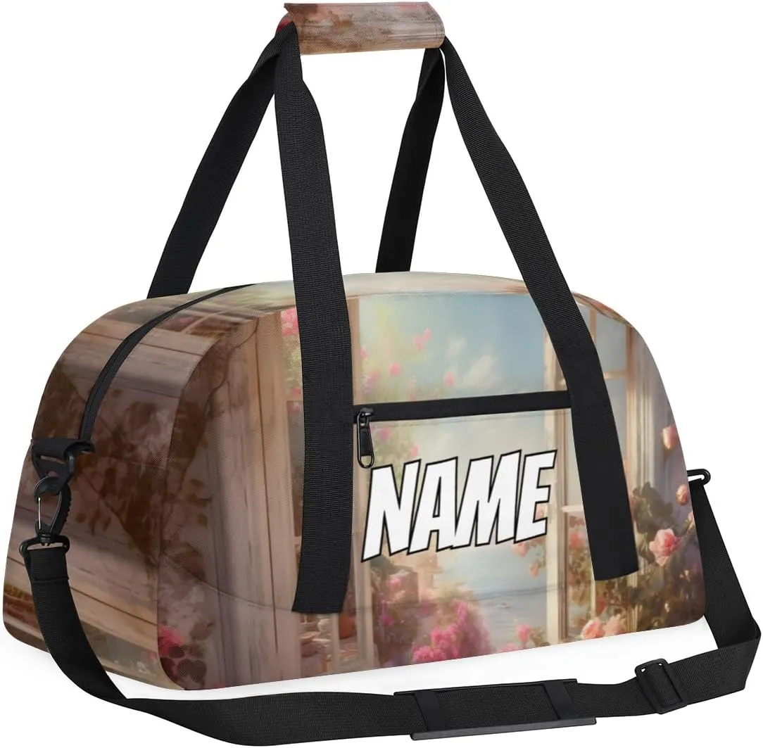 Personalized Custom Gym Bag for Women Men Carry on Flower Window Travel Duffel Tote Spring Nature Overnight Workout Weekender Bag