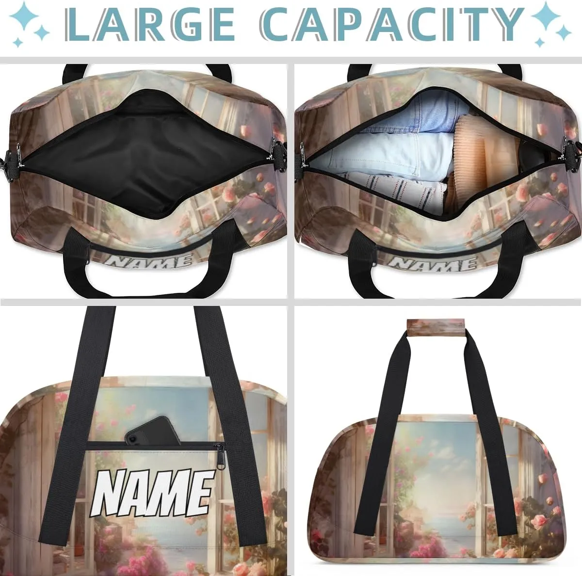 Personalized Custom Gym Bag for Women Men Carry on Flower Window Travel Duffel Tote Spring Nature Overnight Workout Weekender Bag