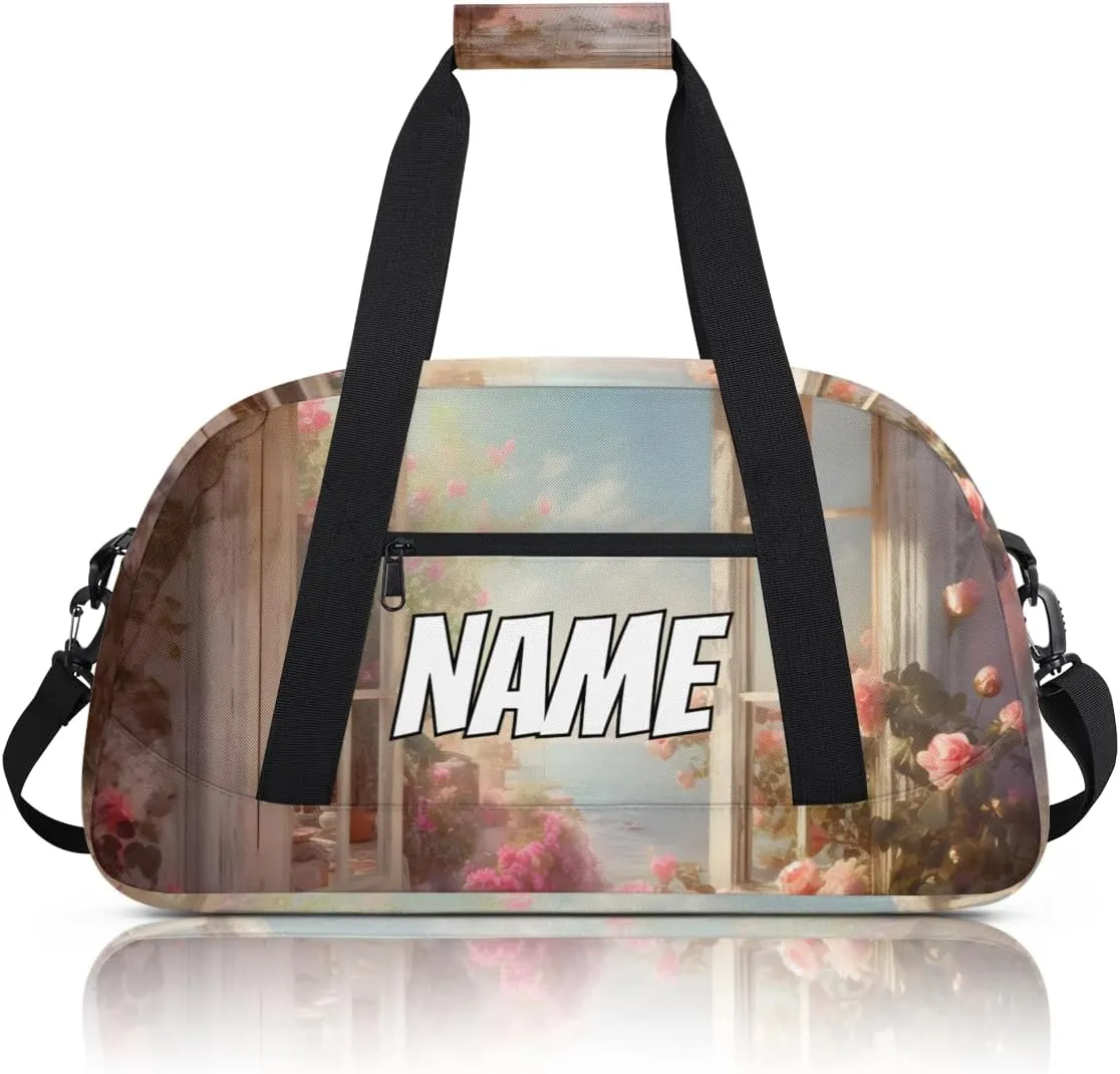 Personalized Custom Gym Bag for Women Men Carry on Flower Window Travel Duffel Tote Spring Nature Overnight Workout Weekender Bag