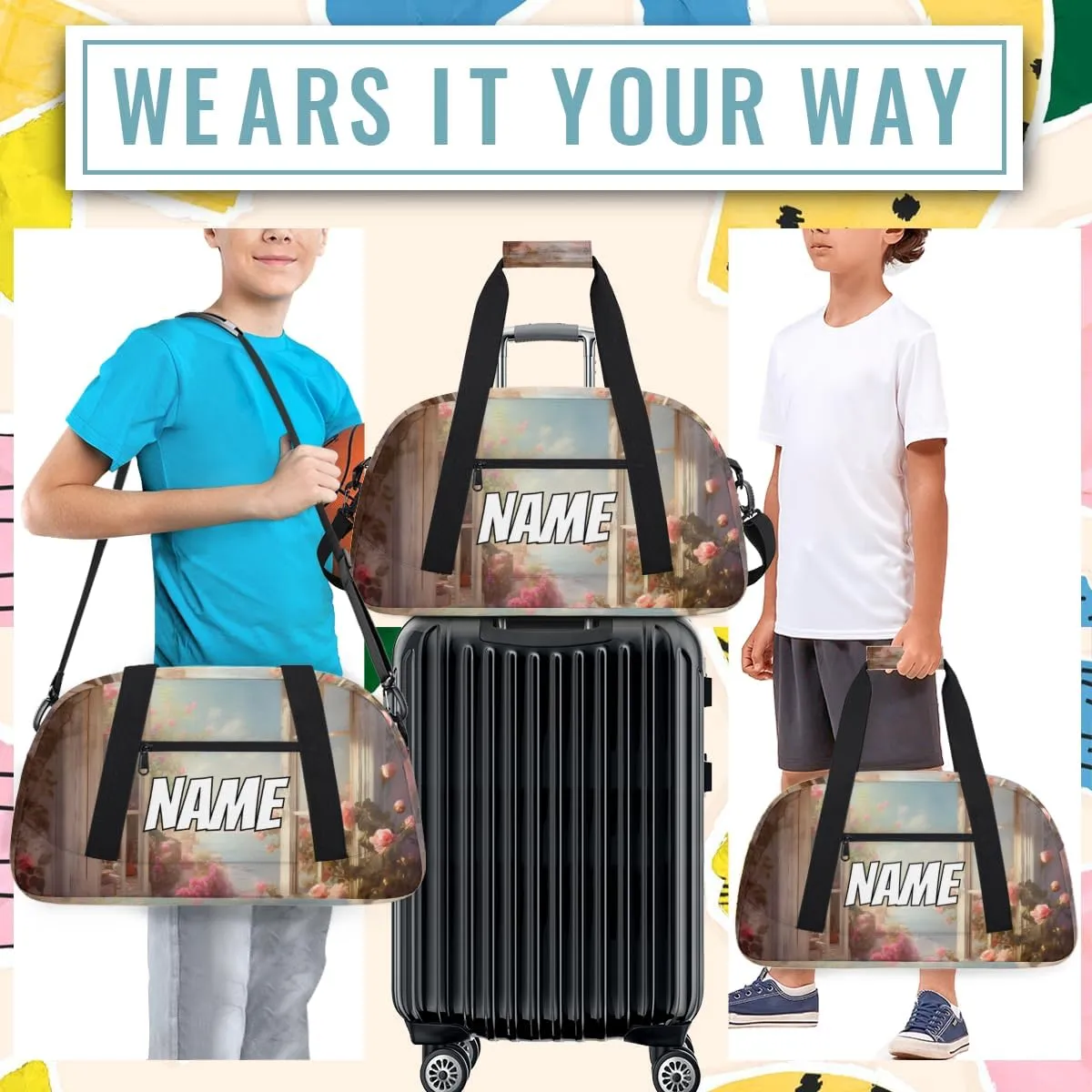 Personalized Custom Gym Bag for Women Men Carry on Flower Window Travel Duffel Tote Spring Nature Overnight Workout Weekender Bag