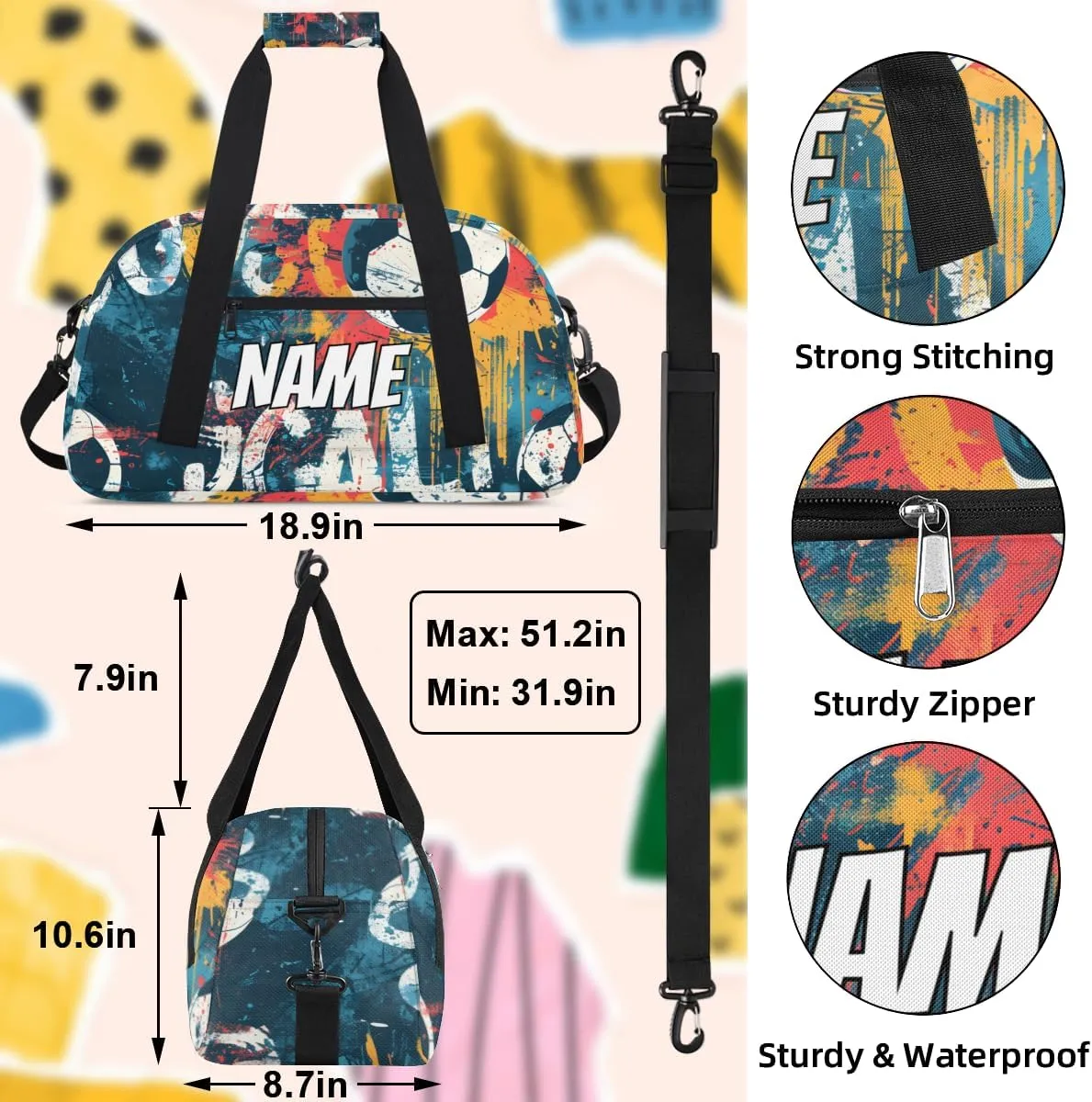 Personalized Custom Gym Bag for Women Men Carry on Football Sports Travel Duffel Tote Doodle Background Overnight Workout Weekender Bag