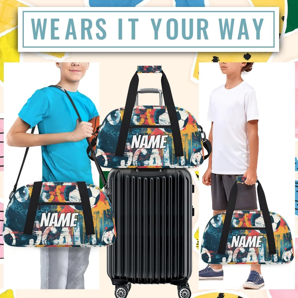Personalized Custom Gym Bag for Women Men Carry on Football Sports Travel Duffel Tote Doodle Background Overnight Workout Weekender Bag