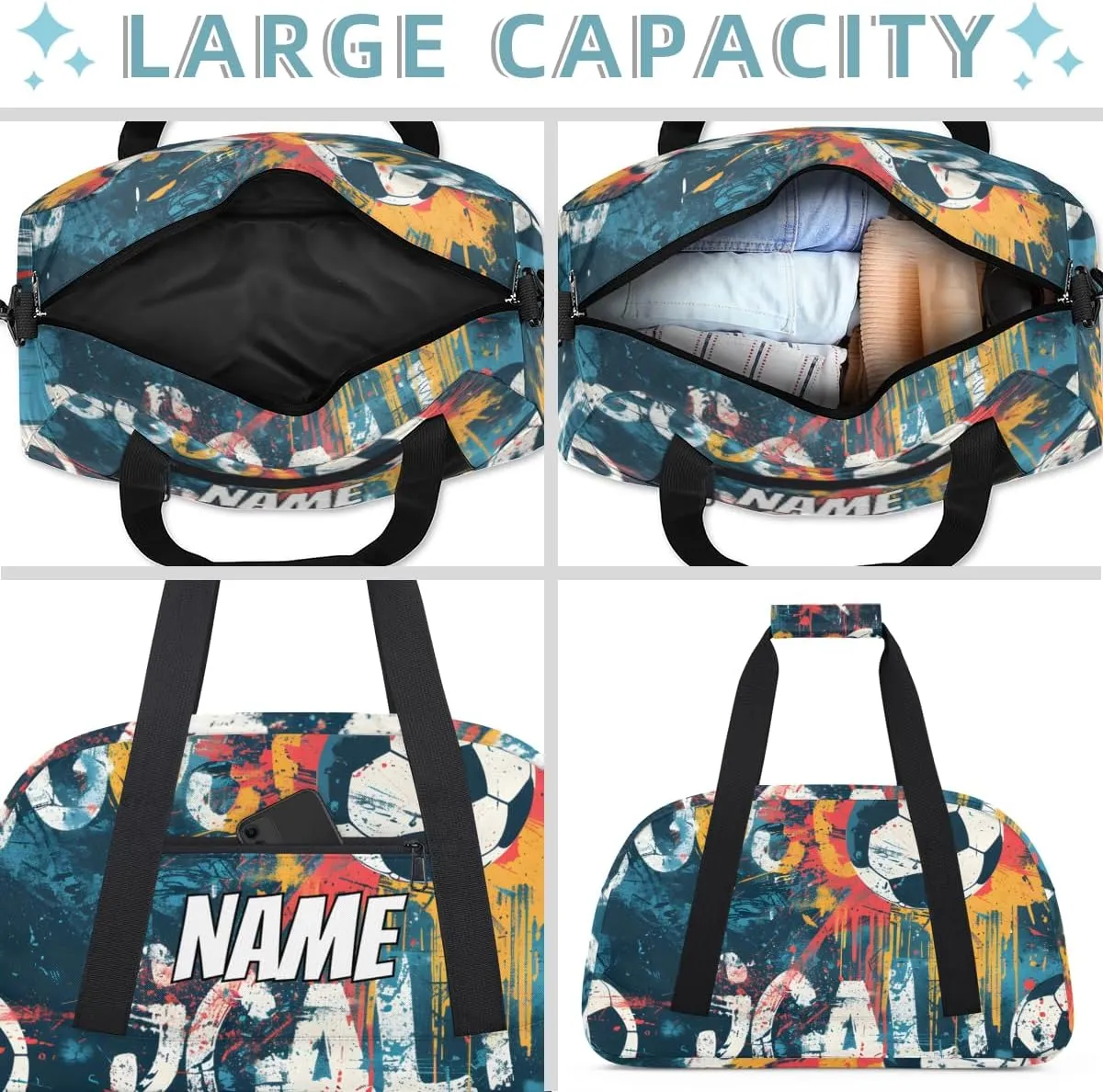 Personalized Custom Gym Bag for Women Men Carry on Football Sports Travel Duffel Tote Doodle Background Overnight Workout Weekender Bag