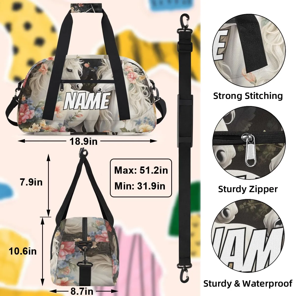 Personalized Custom Gym Bag for Women Men Carry on Forest Unicorn Travel Duffel Tote Romantic Flowers Overnight Workout Weekender Bag