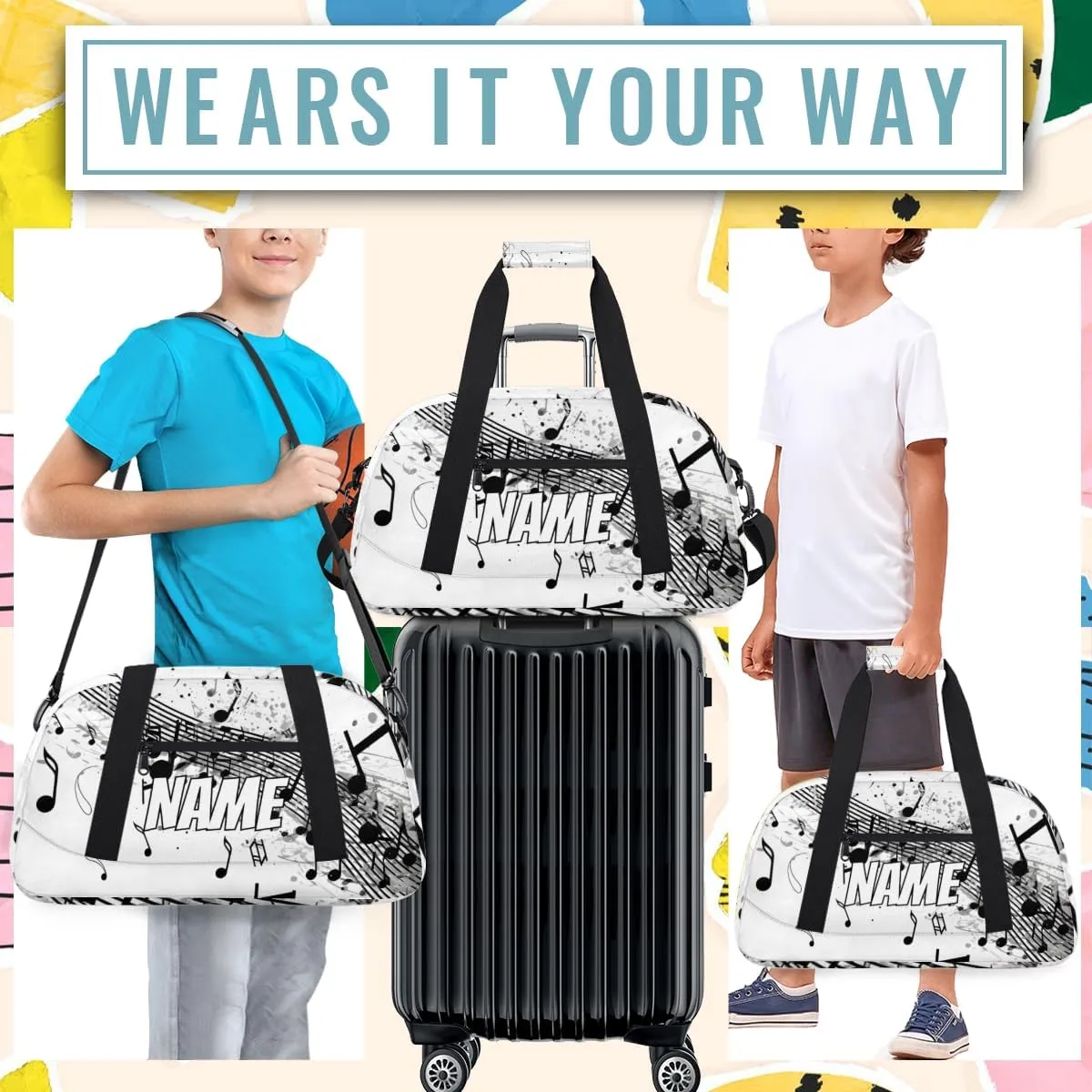 Personalized Custom Gym Bag for Women Men Carry on Music Note Travel Duffel Tote Rustic Black Overnight Workout Weekender Bag