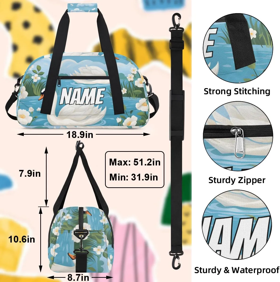 Personalized Custom Gym Bag for Women Men Carry on White Swan Travel Duffel Tote Lake Animal Overnight Workout Weekender Bag