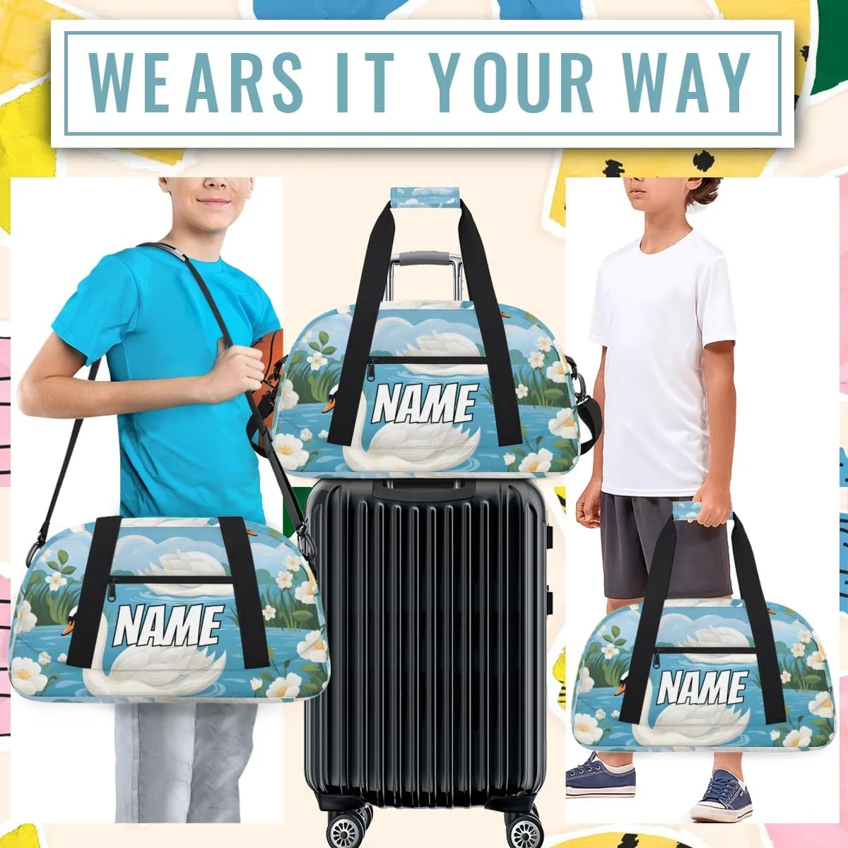 Personalized Custom Gym Bag for Women Men Carry on White Swan Travel Duffel Tote Lake Animal Overnight Workout Weekender Bag