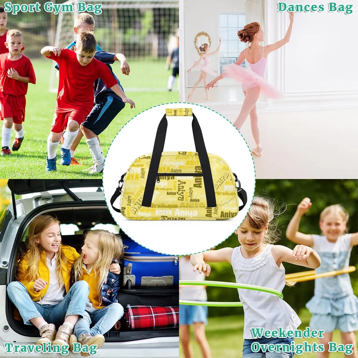 Personalized Dance Bag for Girls Boys Kids, Custom Gym Bag Overnight Small Duffel Bag with Padded Handles Carry On Weekend Sports Travel Bag for School Practice, Dense Text Yellow