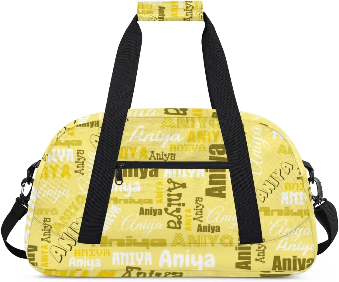 Personalized Dance Bag for Girls Boys Kids, Custom Gym Bag Overnight Small Duffel Bag with Padded Handles Carry On Weekend Sports Travel Bag for School Practice, Dense Text Yellow