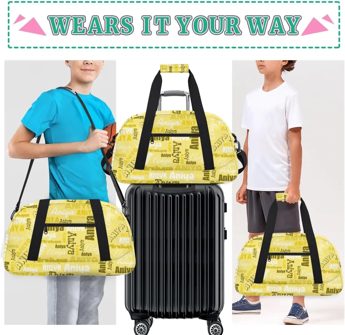 Personalized Dance Bag for Girls Boys Kids, Custom Gym Bag Overnight Small Duffel Bag with Padded Handles Carry On Weekend Sports Travel Bag for School Practice, Dense Text Yellow