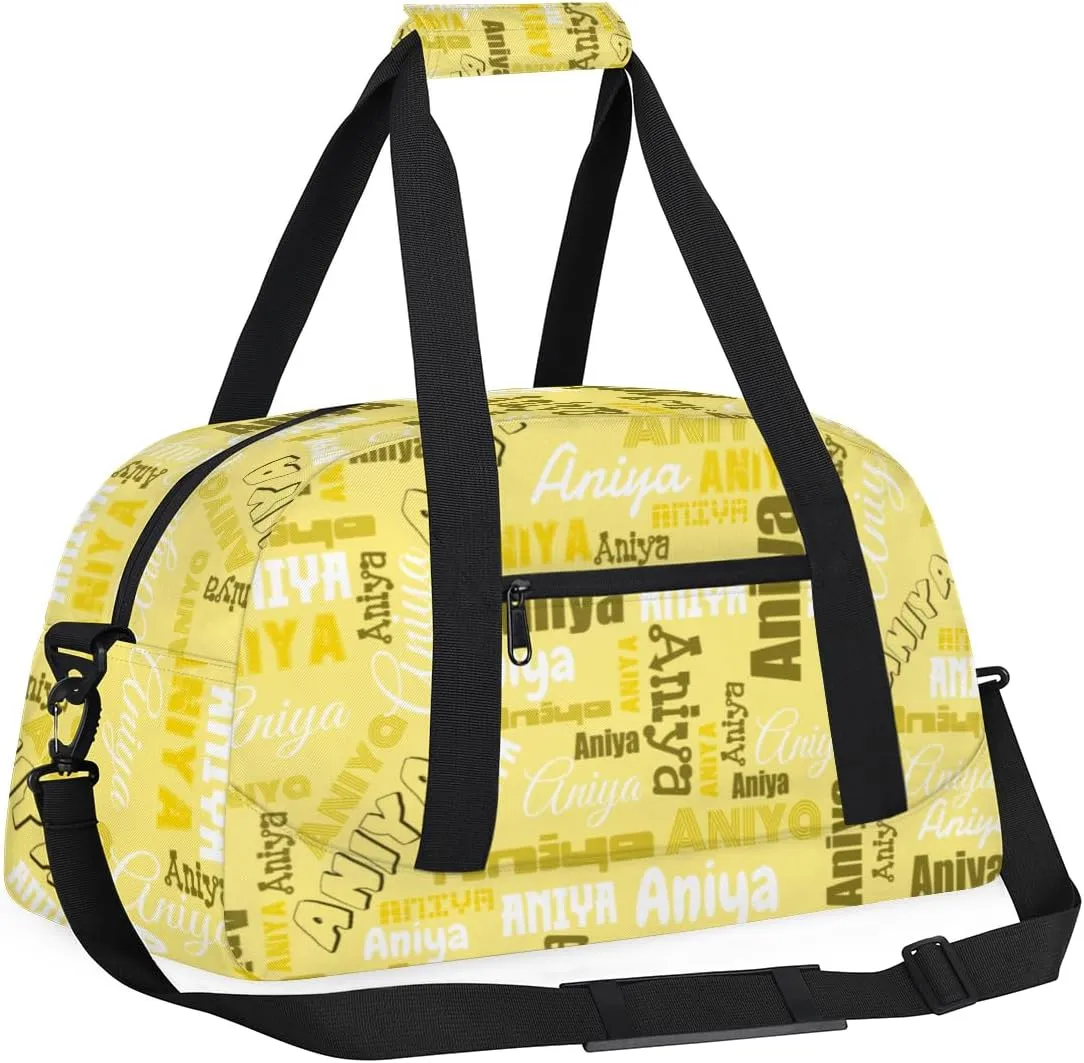 Personalized Dance Bag for Girls Boys Kids, Custom Gym Bag Overnight Small Duffel Bag with Padded Handles Carry On Weekend Sports Travel Bag for School Practice, Dense Text Yellow