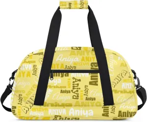 Personalized Dance Bag for Girls Boys Kids, Custom Gym Bag Overnight Small Duffel Bag with Padded Handles Carry On Weekend Sports Travel Bag for School Practice, Dense Text Yellow
