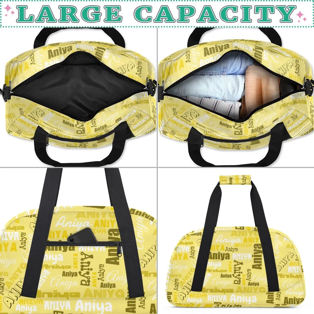 Personalized Dance Bag for Girls Boys Kids, Custom Gym Bag Overnight Small Duffel Bag with Padded Handles Carry On Weekend Sports Travel Bag for School Practice, Dense Text Yellow