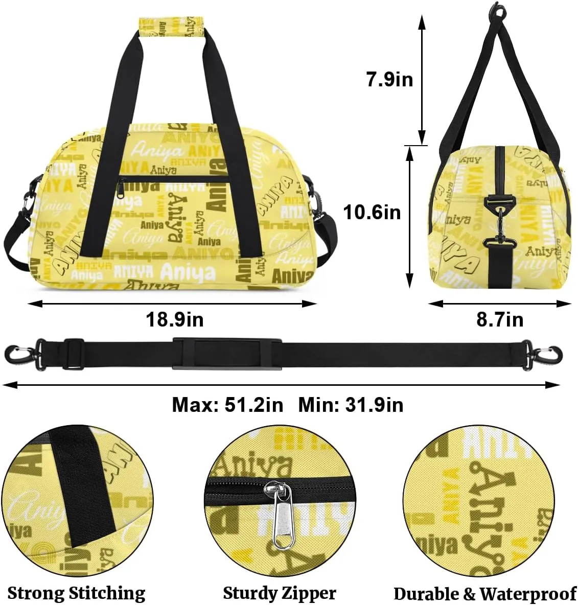 Personalized Dance Bag for Girls Boys Kids, Custom Gym Bag Overnight Small Duffel Bag with Padded Handles Carry On Weekend Sports Travel Bag for School Practice, Dense Text Yellow