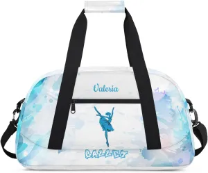 Personalized Dance Bag for Girls Kids, Custom Gym Bag Overnight Small Duffel Bag with Padded Handles Sports Travel Bag for School Practice Gymnastics Ballet, Blue Watercolor Ballet