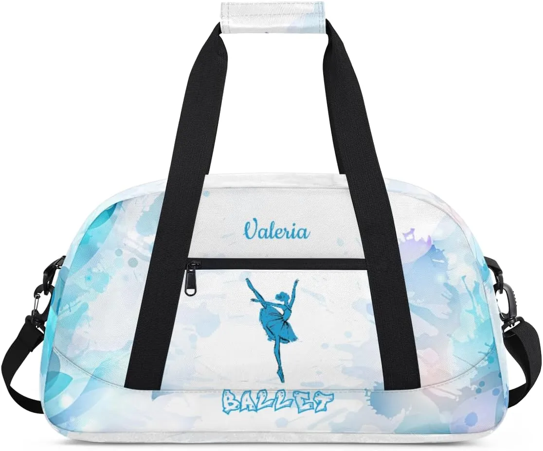 Personalized Dance Bag for Girls Kids, Custom Gym Bag Overnight Small Duffel Bag with Padded Handles Sports Travel Bag for School Practice Gymnastics Ballet, Blue Watercolor Ballet