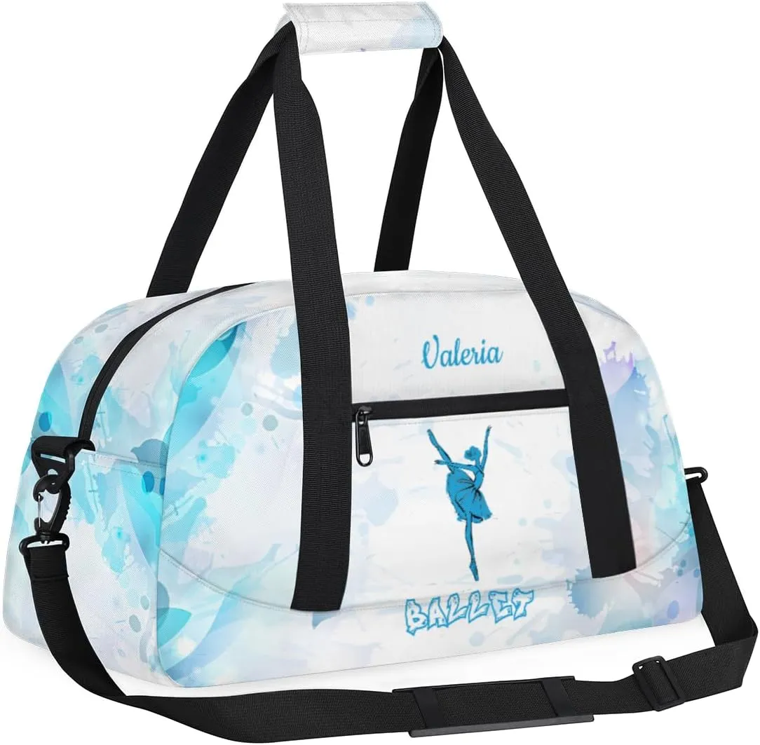 Personalized Dance Bag for Girls Kids, Custom Gym Bag Overnight Small Duffel Bag with Padded Handles Sports Travel Bag for School Practice Gymnastics Ballet, Blue Watercolor Ballet
