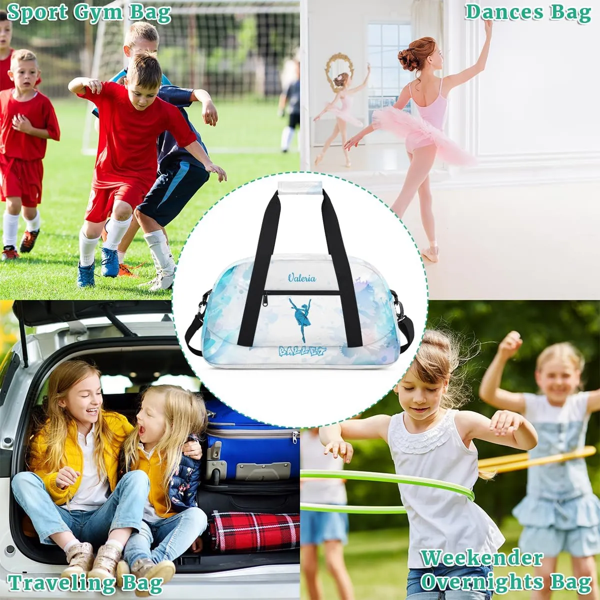 Personalized Dance Bag for Girls Kids, Custom Gym Bag Overnight Small Duffel Bag with Padded Handles Sports Travel Bag for School Practice Gymnastics Ballet, Blue Watercolor Ballet