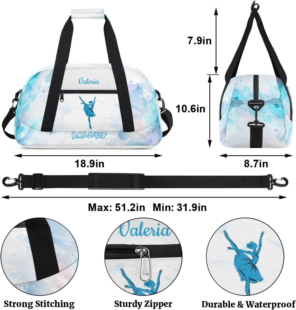 Personalized Dance Bag for Girls Kids, Custom Gym Bag Overnight Small Duffel Bag with Padded Handles Sports Travel Bag for School Practice Gymnastics Ballet, Blue Watercolor Ballet