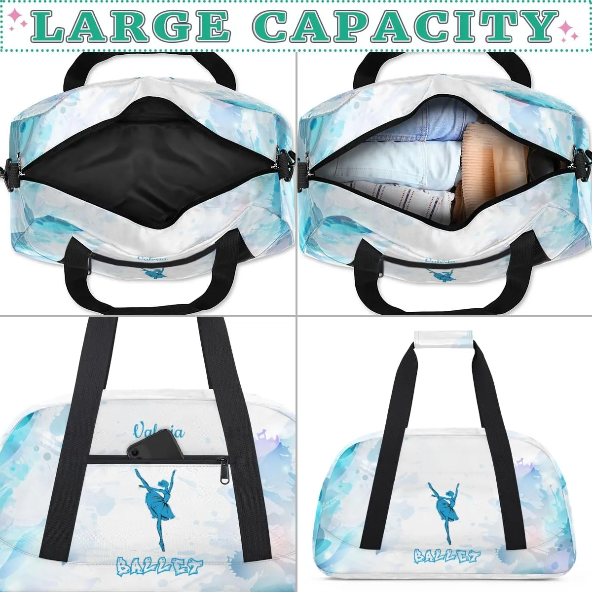 Personalized Dance Bag for Girls Kids, Custom Gym Bag Overnight Small Duffel Bag with Padded Handles Sports Travel Bag for School Practice Gymnastics Ballet, Blue Watercolor Ballet