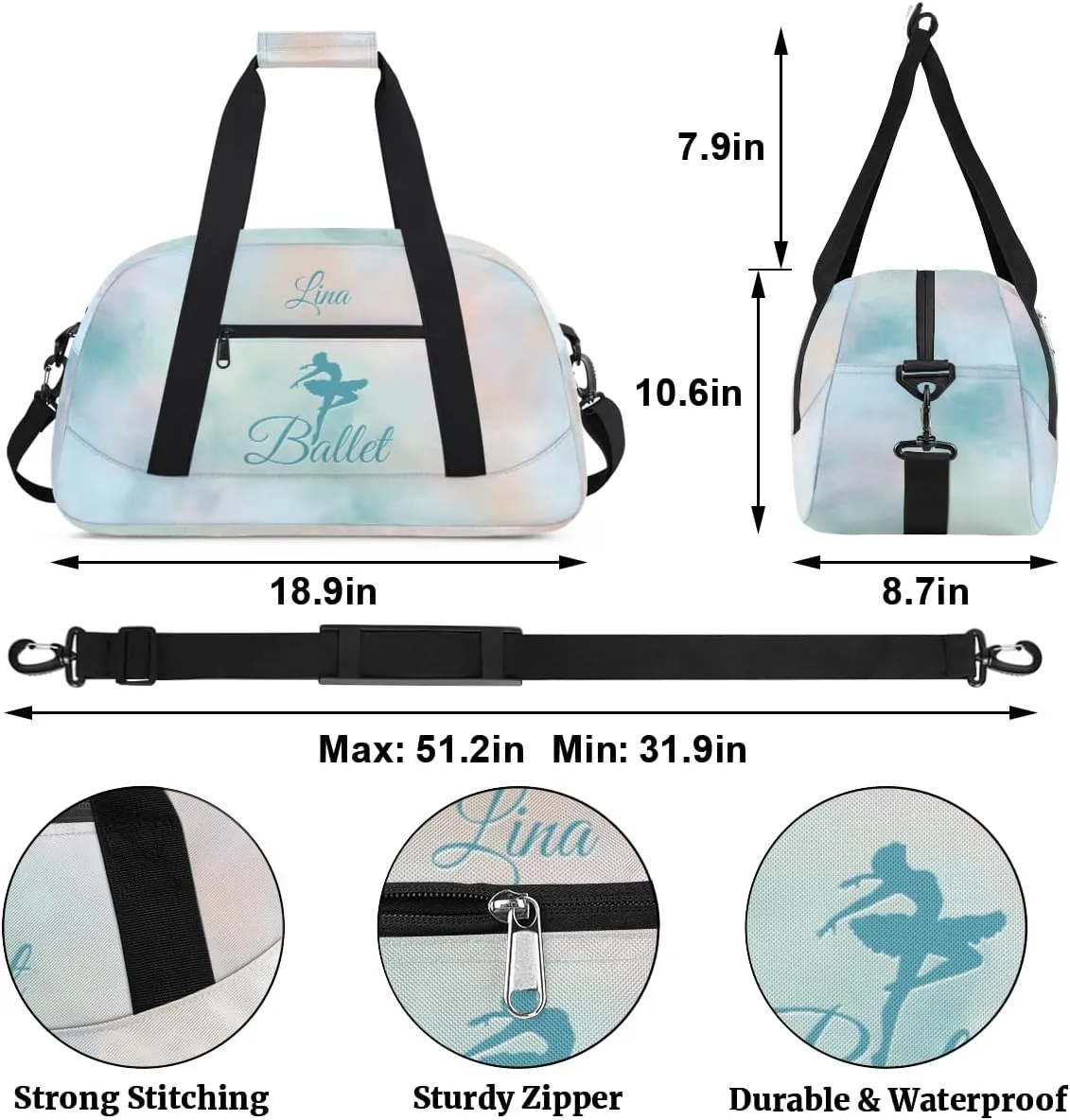 Personalized Dance Bag for Girls Kids, Custom Gym Bag Overnight Small Duffel Bag with Padded Handles Sports Travel Bag for School Practice Gymnastics Ballet, Colorful Clouds Green Ballerinas