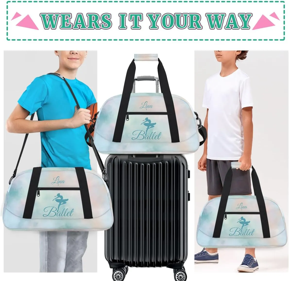 Personalized Dance Bag for Girls Kids, Custom Gym Bag Overnight Small Duffel Bag with Padded Handles Sports Travel Bag for School Practice Gymnastics Ballet, Colorful Clouds Green Ballerinas