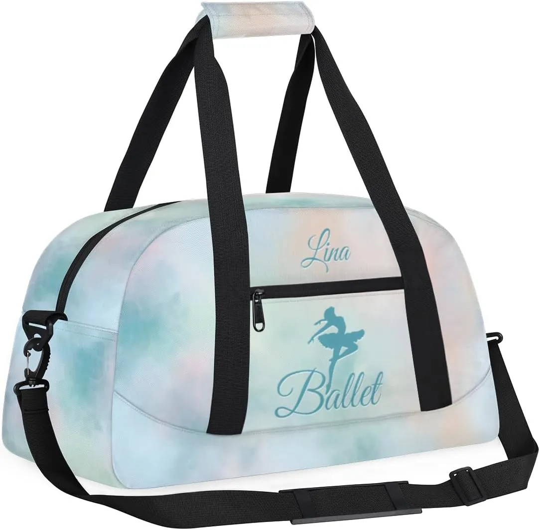 Personalized Dance Bag for Girls Kids, Custom Gym Bag Overnight Small Duffel Bag with Padded Handles Sports Travel Bag for School Practice Gymnastics Ballet, Colorful Clouds Green Ballerinas
