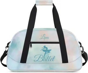 Personalized Dance Bag for Girls Kids, Custom Gym Bag Overnight Small Duffel Bag with Padded Handles Sports Travel Bag for School Practice Gymnastics Ballet, Colorful Clouds Green Ballerinas