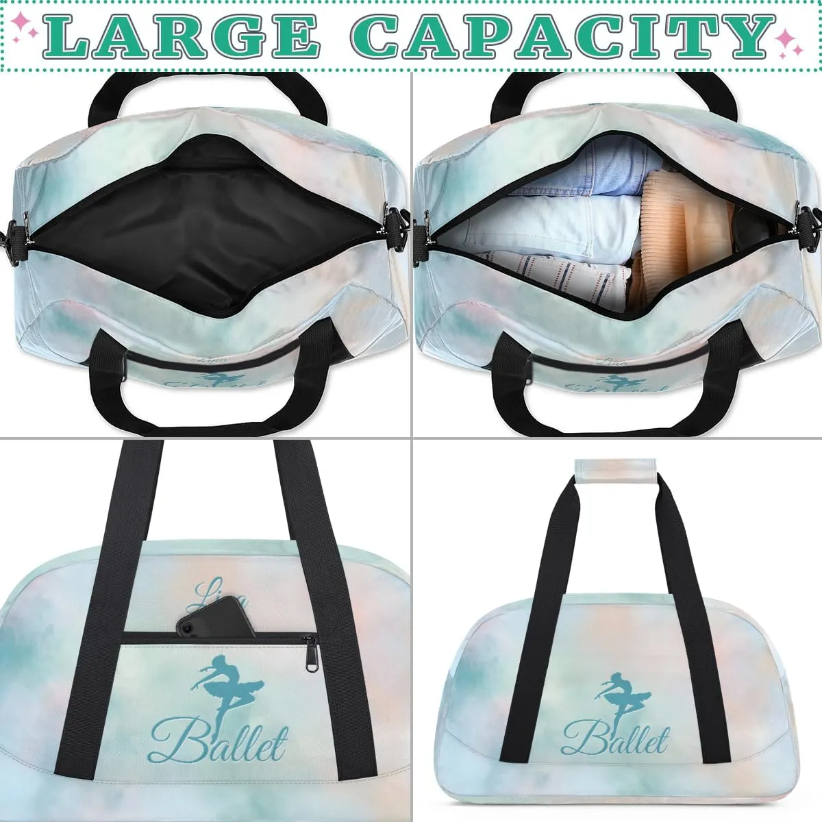 Personalized Dance Bag for Girls Kids, Custom Gym Bag Overnight Small Duffel Bag with Padded Handles Sports Travel Bag for School Practice Gymnastics Ballet, Colorful Clouds Green Ballerinas