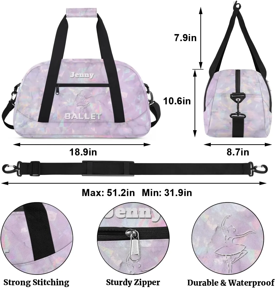 Personalized Dance Bag for Girls Kids, Custom Gym Bag Overnight Small Duffel Bag with Padded Handles Sports Travel Bag for School Practice Gymnastics Ballet, Crystal Texture White Ballet