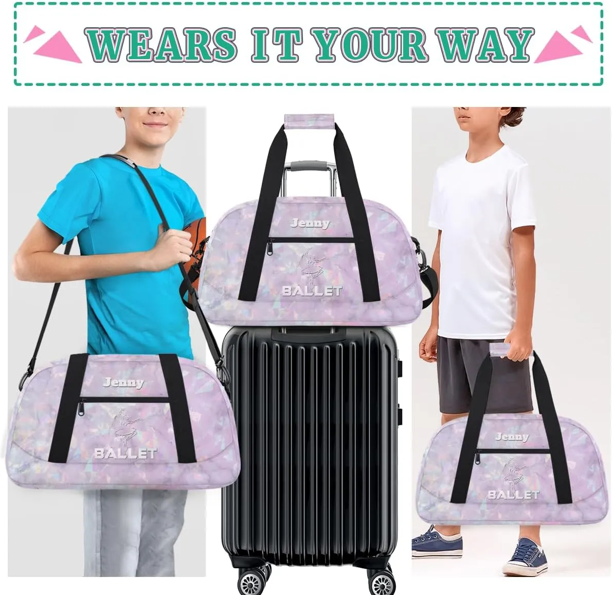 Personalized Dance Bag for Girls Kids, Custom Gym Bag Overnight Small Duffel Bag with Padded Handles Sports Travel Bag for School Practice Gymnastics Ballet, Crystal Texture White Ballet