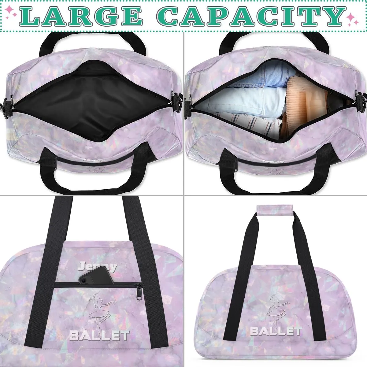Personalized Dance Bag for Girls Kids, Custom Gym Bag Overnight Small Duffel Bag with Padded Handles Sports Travel Bag for School Practice Gymnastics Ballet, Crystal Texture White Ballet