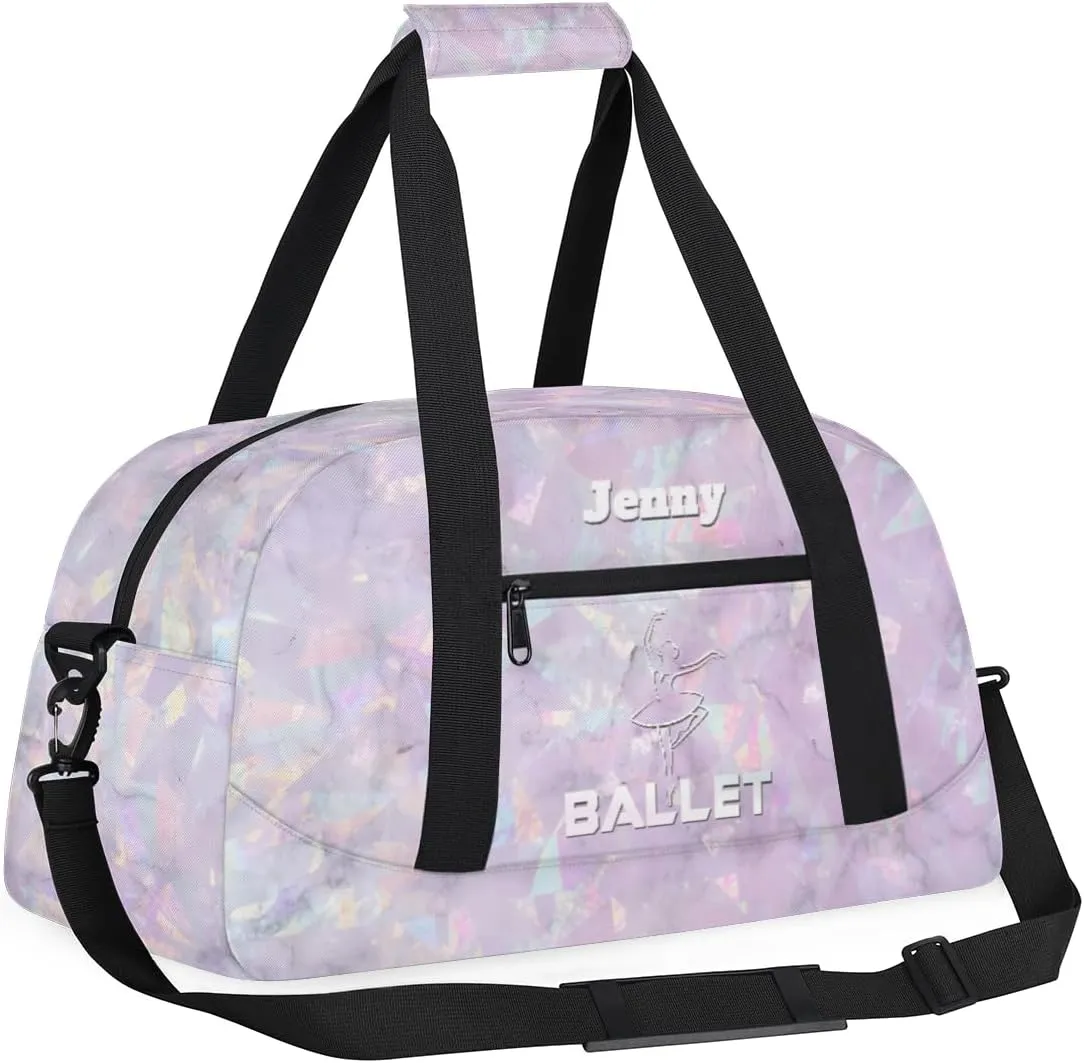 Personalized Dance Bag for Girls Kids, Custom Gym Bag Overnight Small Duffel Bag with Padded Handles Sports Travel Bag for School Practice Gymnastics Ballet, Crystal Texture White Ballet