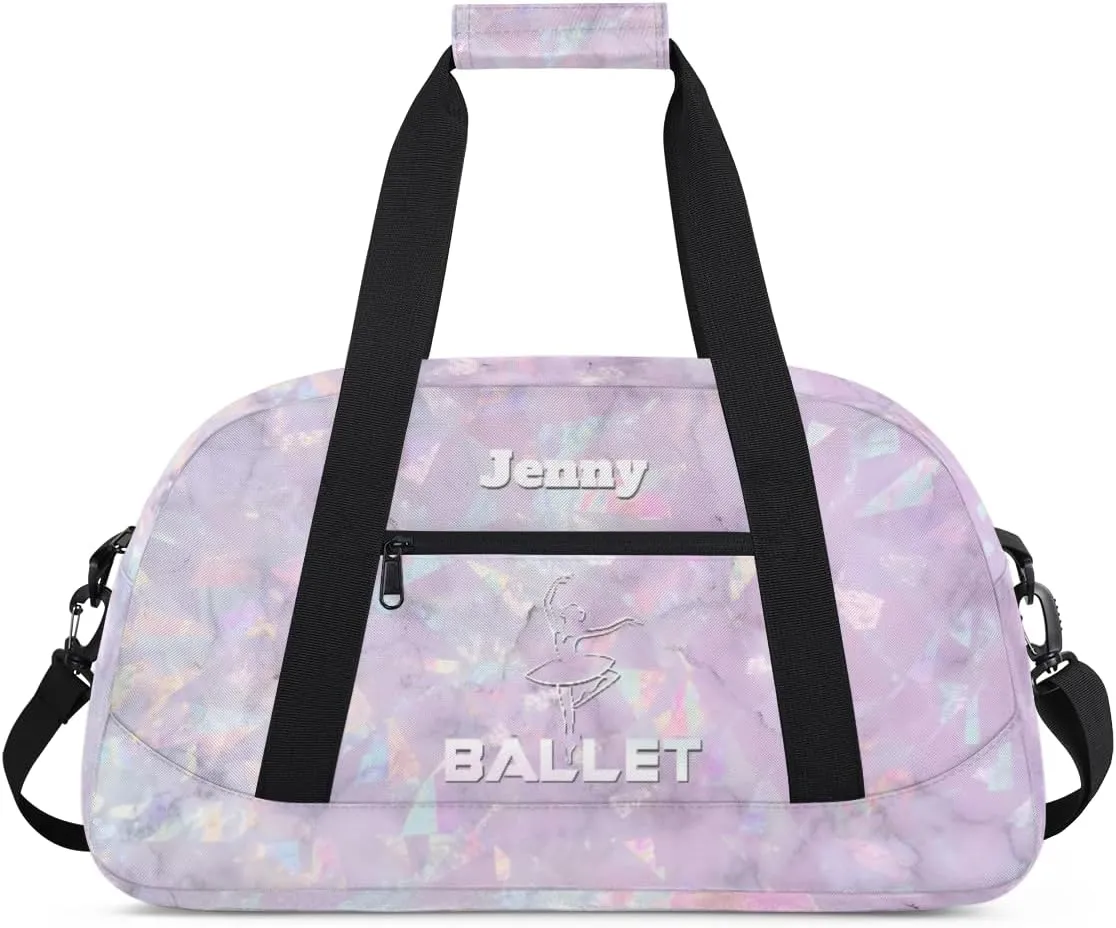 Personalized Dance Bag for Girls Kids, Custom Gym Bag Overnight Small Duffel Bag with Padded Handles Sports Travel Bag for School Practice Gymnastics Ballet, Crystal Texture White Ballet