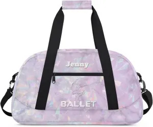 Personalized Dance Bag for Girls Kids, Custom Gym Bag Overnight Small Duffel Bag with Padded Handles Sports Travel Bag for School Practice Gymnastics Ballet, Crystal Texture White Ballet