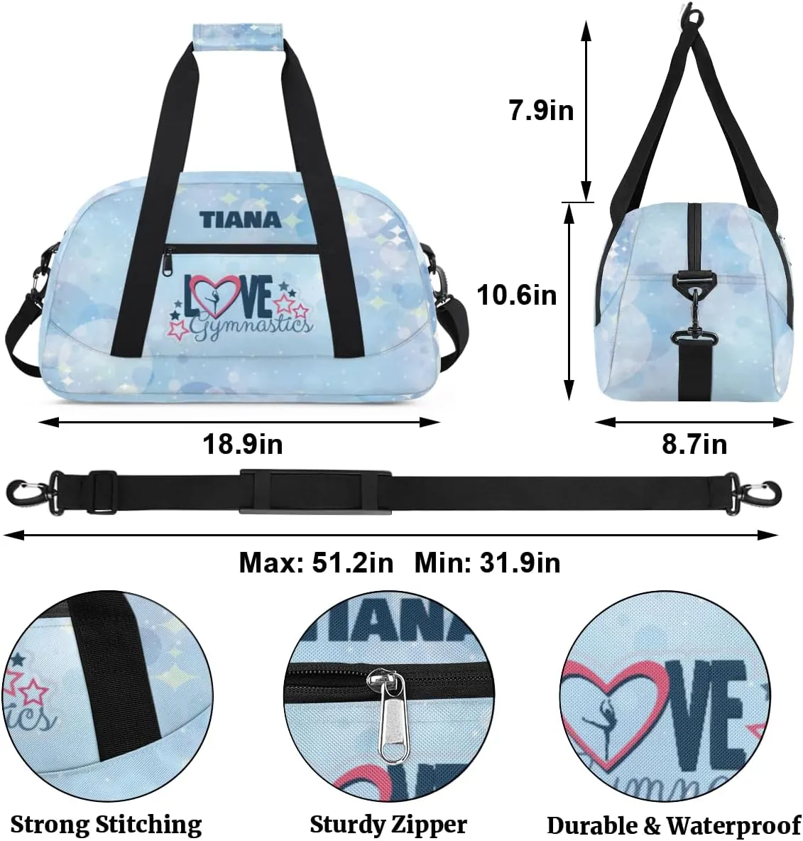 Personalized Dance Bag for Girls Kids, Custom Gym Bag Overnight Small Duffel Bag with Padded Handles Sports Travel Bag for School Practice Gymnastics Ballet, Gymnastics Blue Stars Dots