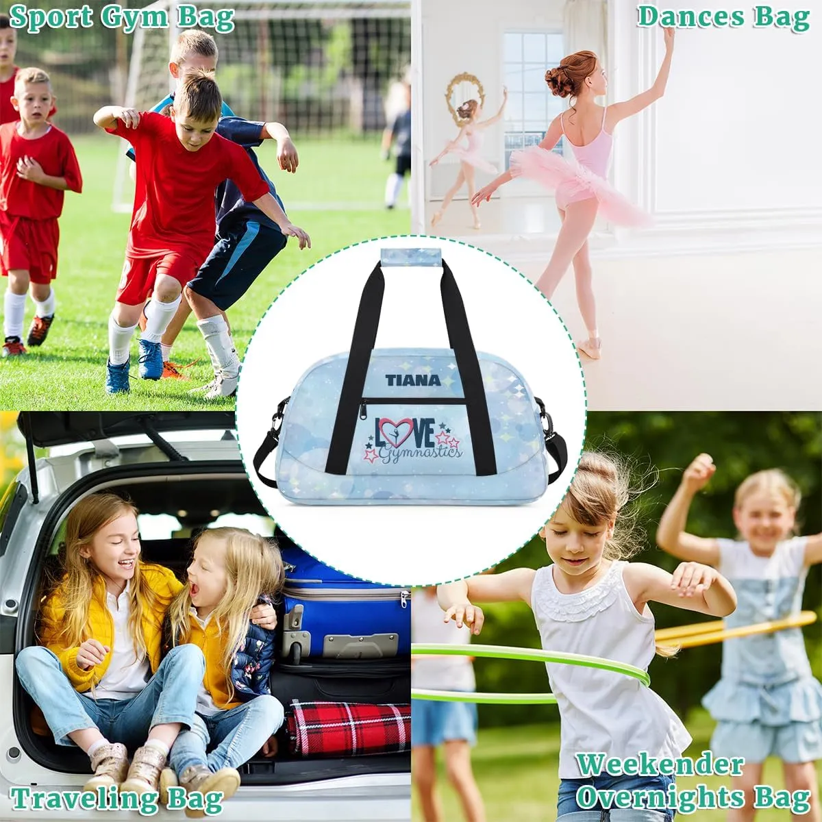 Personalized Dance Bag for Girls Kids, Custom Gym Bag Overnight Small Duffel Bag with Padded Handles Sports Travel Bag for School Practice Gymnastics Ballet, Gymnastics Blue Stars Dots