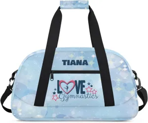 Personalized Dance Bag for Girls Kids, Custom Gym Bag Overnight Small Duffel Bag with Padded Handles Sports Travel Bag for School Practice Gymnastics Ballet, Gymnastics Blue Stars Dots
