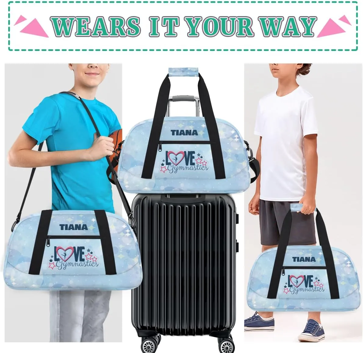 Personalized Dance Bag for Girls Kids, Custom Gym Bag Overnight Small Duffel Bag with Padded Handles Sports Travel Bag for School Practice Gymnastics Ballet, Gymnastics Blue Stars Dots