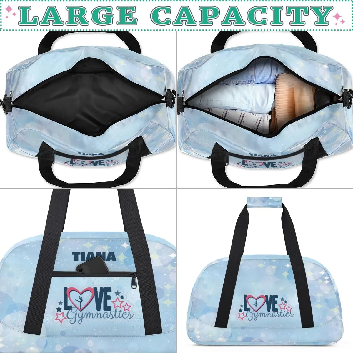 Personalized Dance Bag for Girls Kids, Custom Gym Bag Overnight Small Duffel Bag with Padded Handles Sports Travel Bag for School Practice Gymnastics Ballet, Gymnastics Blue Stars Dots
