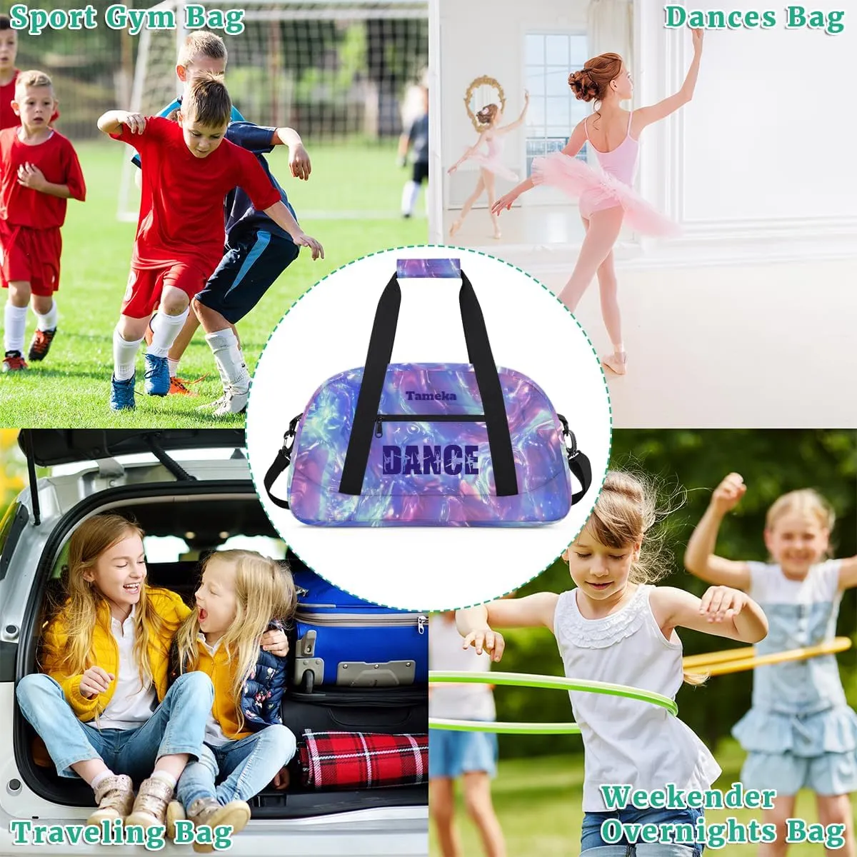 Personalized Dance Bag for Girls Kids, Custom Gym Bag Overnight Small Duffel Bag with Padded Handles Sports Travel Bag for School Practice Gymnastics Ballet, Purple Wave
