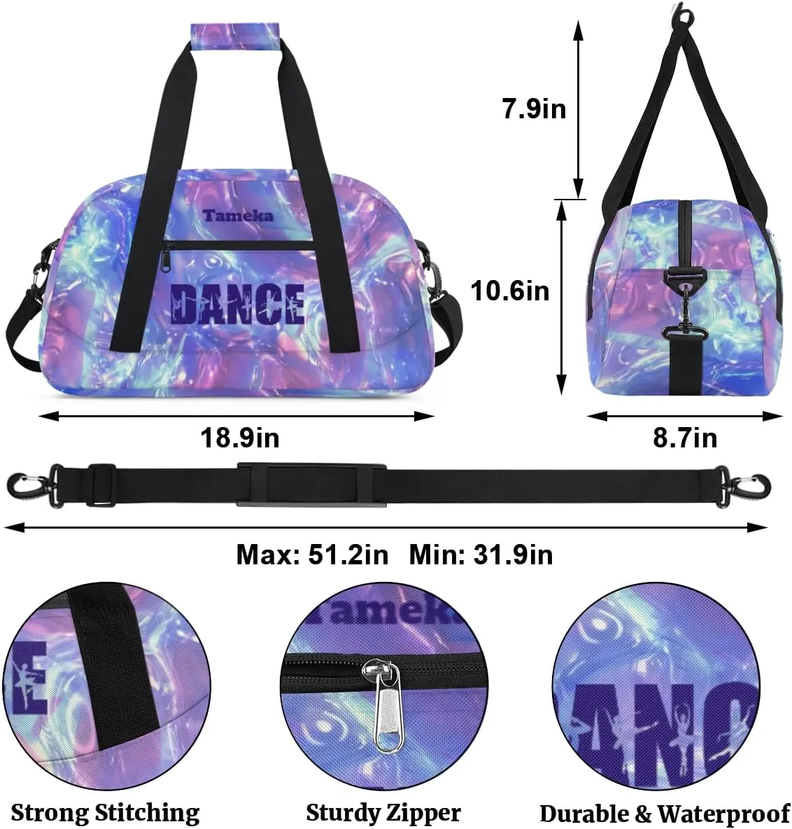 Personalized Dance Bag for Girls Kids, Custom Gym Bag Overnight Small Duffel Bag with Padded Handles Sports Travel Bag for School Practice Gymnastics Ballet, Purple Wave