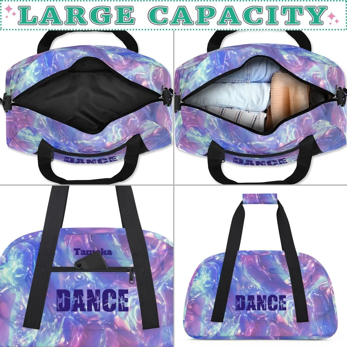 Personalized Dance Bag for Girls Kids, Custom Gym Bag Overnight Small Duffel Bag with Padded Handles Sports Travel Bag for School Practice Gymnastics Ballet, Purple Wave