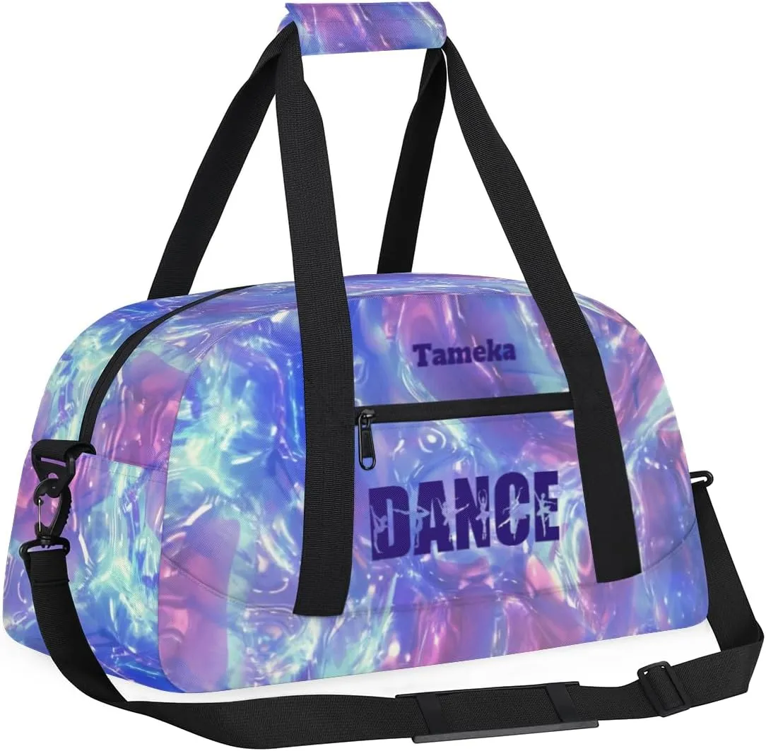 Personalized Dance Bag for Girls Kids, Custom Gym Bag Overnight Small Duffel Bag with Padded Handles Sports Travel Bag for School Practice Gymnastics Ballet, Purple Wave