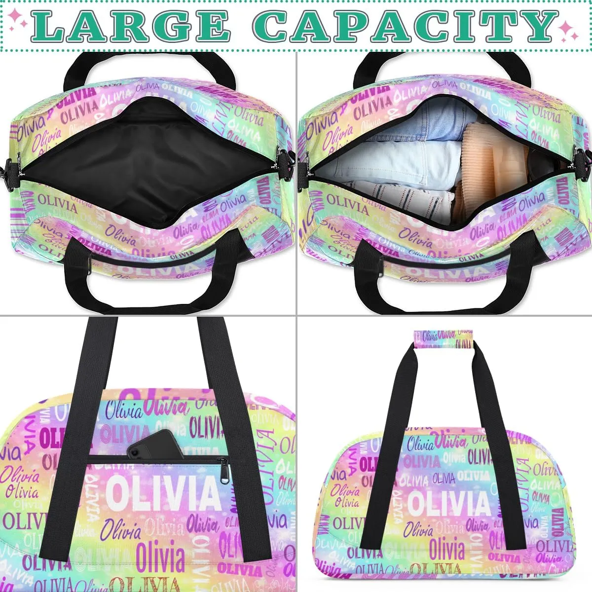 Personalized Dance Bag Girls, Custom Sport Duffel Bag Dance Bag Weekender Bags Travel Duffel Bag for Boy Girl Colorful Rainbow Color
