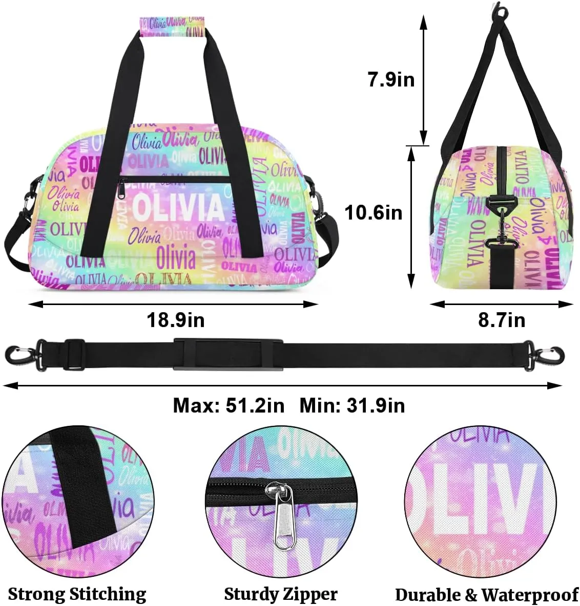 Personalized Dance Bag Girls, Custom Sport Duffel Bag Dance Bag Weekender Bags Travel Duffel Bag for Boy Girl Colorful Rainbow Color