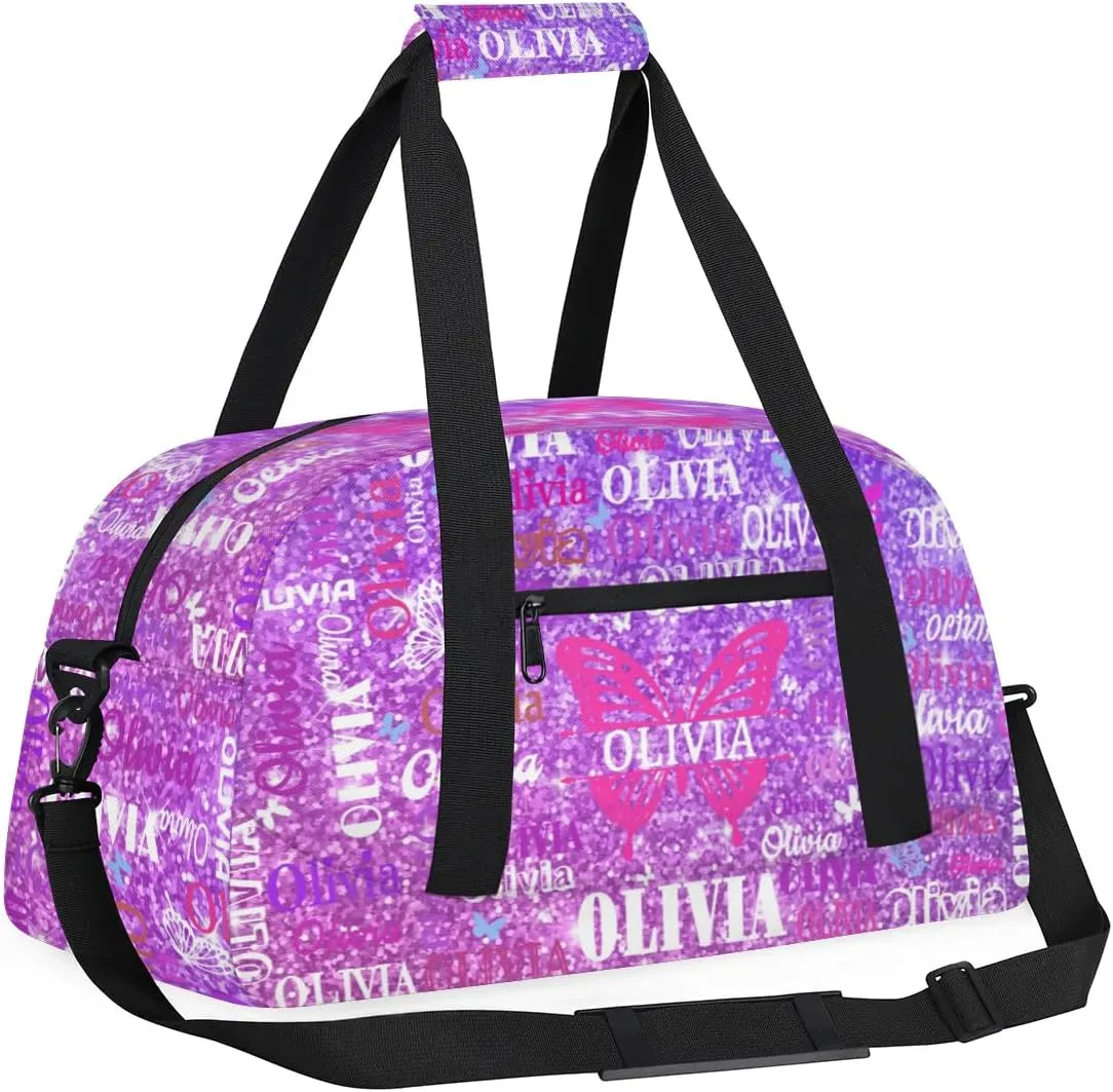 Personalized Dance Bag with Butterfly and Names, Cheerleader Bag Gym Sport Duffel Bag Weekender Bags Travel Duffel Bag, Shiny Stars Lavender Purple Glittering