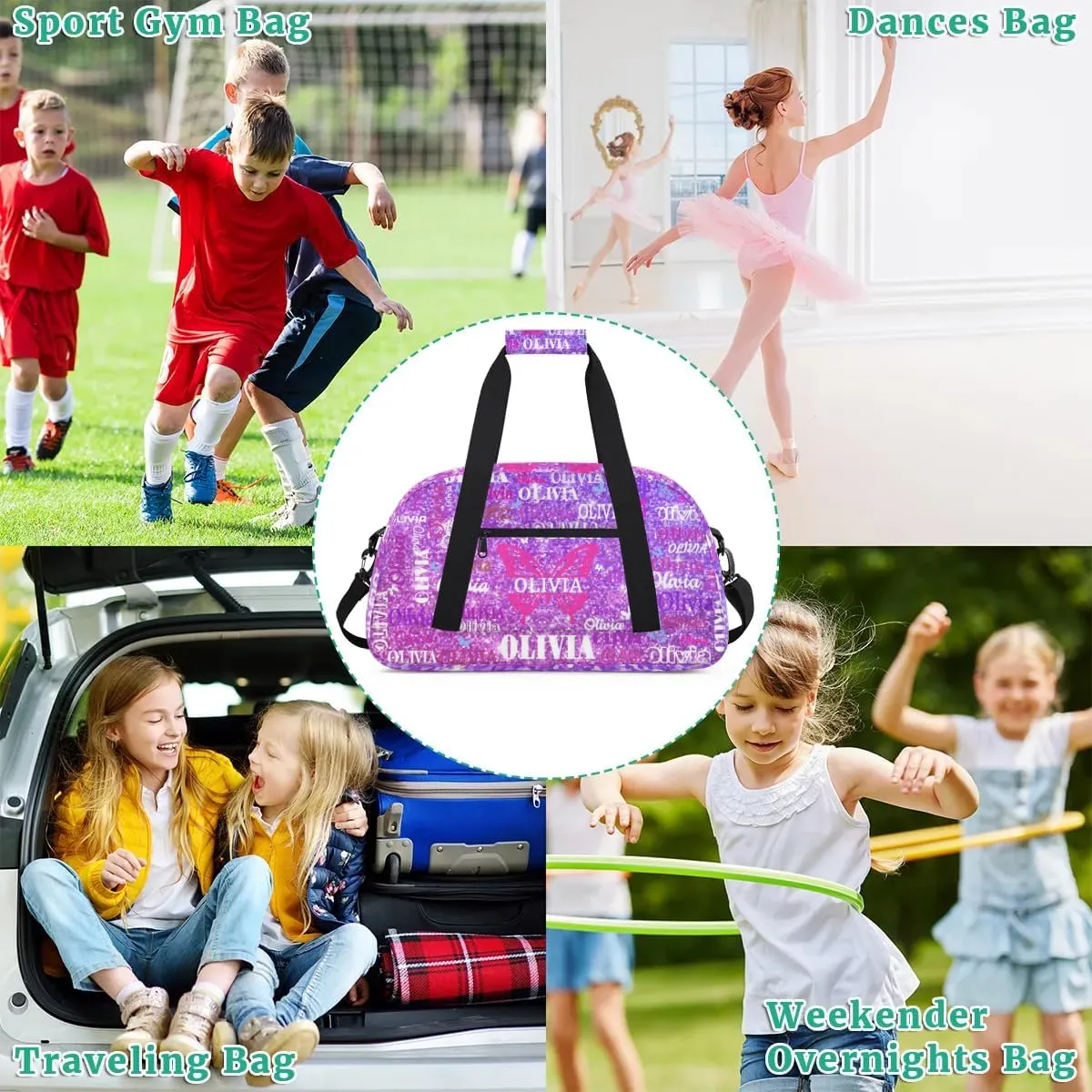 Personalized Dance Bag with Butterfly and Names, Cheerleader Bag Gym Sport Duffel Bag Weekender Bags Travel Duffel Bag, Shiny Stars Lavender Purple Glittering