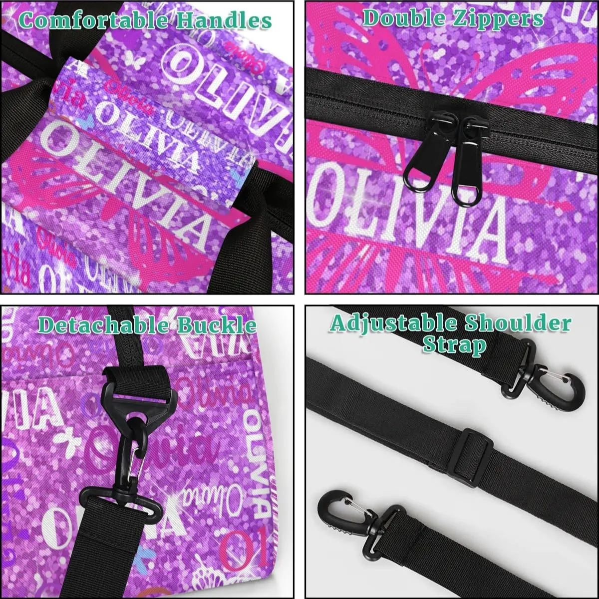 Personalized Dance Bag with Butterfly and Names, Cheerleader Bag Gym Sport Duffel Bag Weekender Bags Travel Duffel Bag, Shiny Stars Lavender Purple Glittering