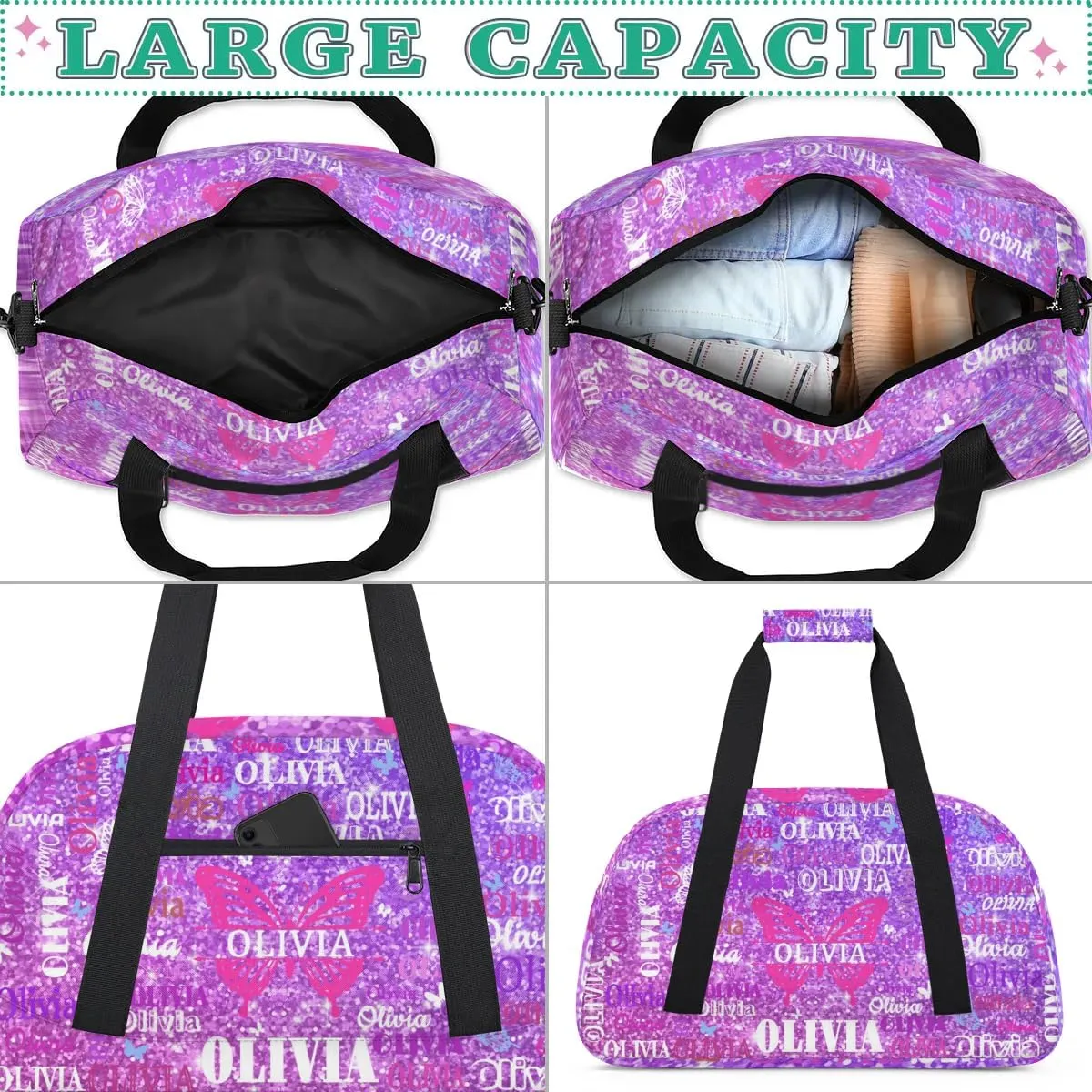 Personalized Dance Bag with Butterfly and Names, Cheerleader Bag Gym Sport Duffel Bag Weekender Bags Travel Duffel Bag, Shiny Stars Lavender Purple Glittering